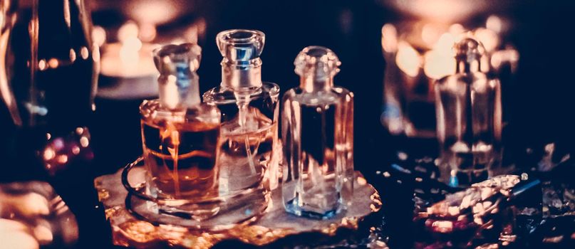 Perfumery, cosmetic branding and spa concept - Perfume bottles and vintage fragrance at night, aroma scent, fragrant cosmetics and eau de toilette as luxury beauty brand, holiday fashion parfum design