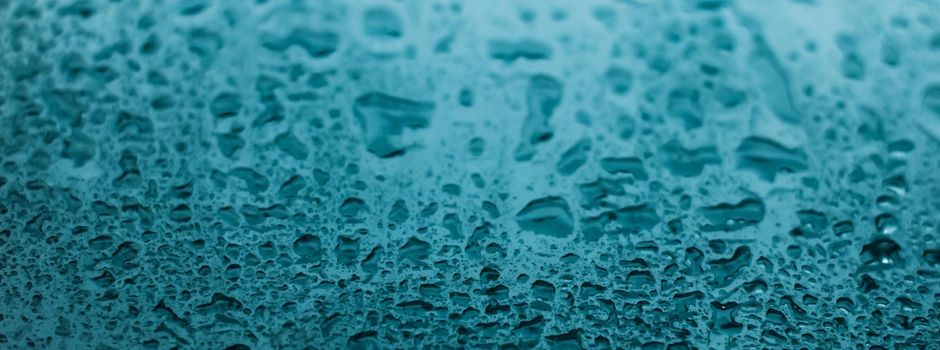 Liquid, wet and zen concept - Water texture abstract background, aqua drops on turquoise glass as science macro element, rainy weather and nature surface art backdrop for environmental brand design