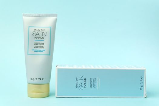 Tyumen, Russia-July 19, 2022: Skin care products from the company Mary Kay. Satin hands nourishing shea cream