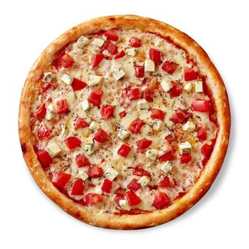Tasty nutritious and healthy pizza on thin classic dough with melted mozzarella, diced fresh juicy tomatoes and blue cheese seasoned with aromatic dried basil, top view isolated on white background