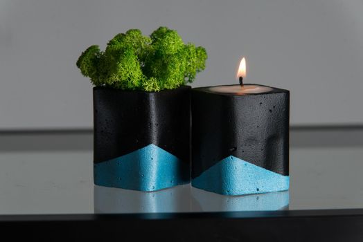 Candle and moss in black and blue concrete candle holders.