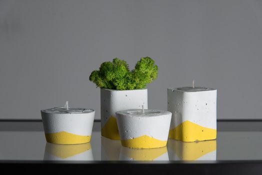 candles and moss in white and yellow concrete candle holders.