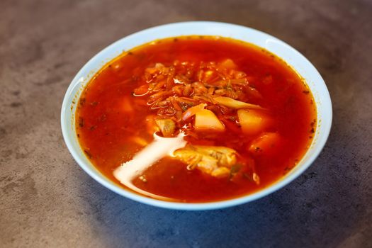 Ukrainian national dish classic red borsch.