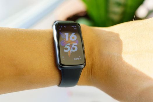 Tyumen, Russia-September 27, 2022: Smart watch Huawei Band 7. Huawei Technologies a Chinese company.