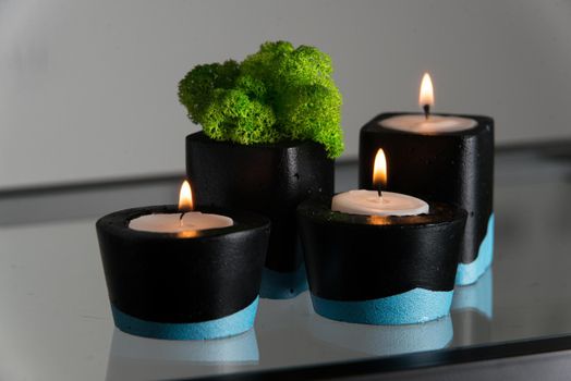 Candles and moss in black and blue concrete candle holders.