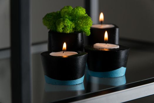 Candles and moss in black and blue concrete candle holders.