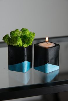 Candle and moss in black and blue concrete candle holders.