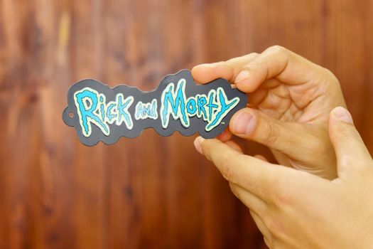 Tyumen, Russia-August 25, 2022: Rick and Morty multi-colored logo. Is an American comedy science fiction animated series created by Justin Roiland and Dan Harmon