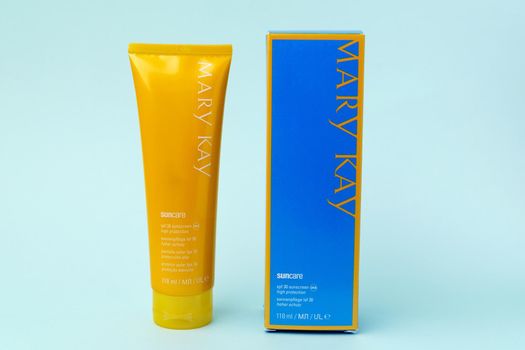 Tyumen, Russia-July 19, 2022: Mary Kay is an direct sales company that sells cosmetics products. Suncare cream