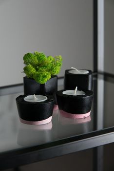 candles and moss in black and pink concrete candle holders.