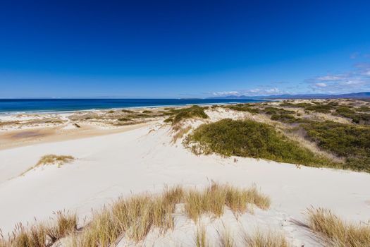 The popular Peron Dunes with 4WD driving in Akaroa, near St Helens in Tasmania, Australia