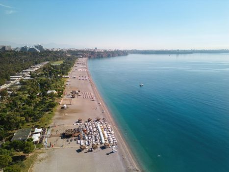 Aerial drone photo of Antalya Konyaalti beach and cliffs. Selective focus