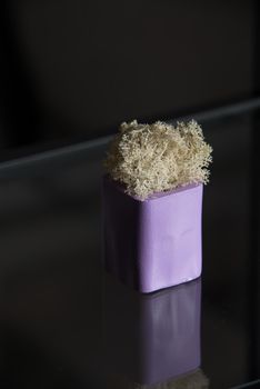 white moss in a violet concrete pot on a shelf