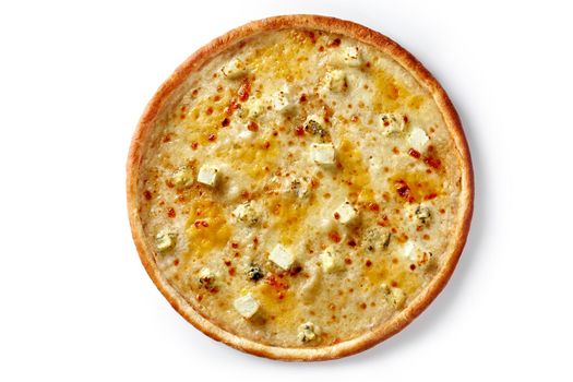 Classic thin crust four cheese pizza with melted mozzarella and parmesan, pieces of blue cheese and soft feta isolated on white backdrop. Italian cuisine concept