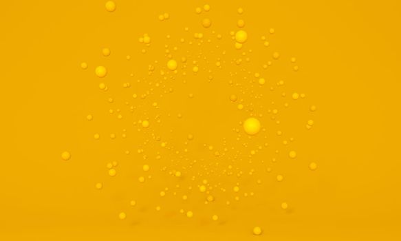 Explosion of yellow particles. floating spheres on studio background. Agility concept, make up. 3d rendering.