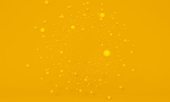 Explosion of yellow particles. floating spheres on studio background. Agility concept, make up. 3d rendering.