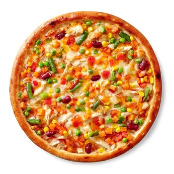 Top view of Mexican style pizza with chicken sous vide, colorful mixture of asparagus beans, tomato, carrot, corn, red beans, bell pepper, spicy sauce and mozzarella isolated on white background