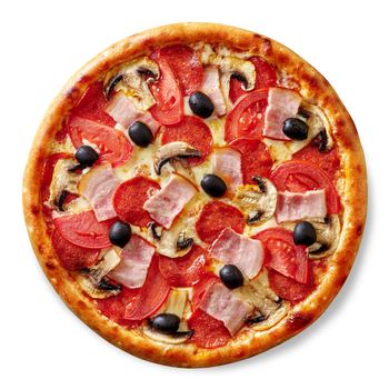 Top view of delicious pizza with ham and bacon slices, spicy salami, mushrooms, juicy tomatoes and olives in cream cheese sauce isolated on white background. Popular Italian snacks. Fast food concept