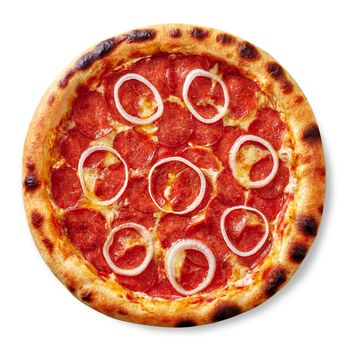 Appetizing spicy pepperoni pizza with crispy browned dough edge topped with thinly sliced salami sausage, tomato sauce, melted mozzarella cheese and onion rings isolated on white background, top view