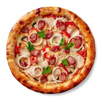 Delicious pizza with mozzarella cheese and filling of smoked chicken fillet, hunting sausages, mushrooms, bell peppers, onions and greens isolated on white background, top view