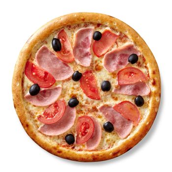 Top view of delicious pizza with ham slices, fresh juicy tomatoes and olives on layer of melted mozzarella with cream cheese sauce isolated on white background. Popular Italian style snacks