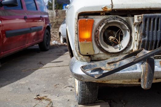 old car, rusty broken body, abandoned parking