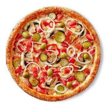 Top view of vegetarian pizza with mushrooms, pickled cucumbers, fresh tomatoes, bell peppers and onion rings garnished with olives on melted mozzarella layer with browned edge sprinkled with sesame