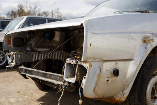 old car, rusty broken body, abandoned parking