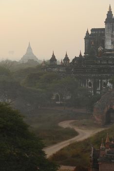 pagoda field in bagan myanmar in the morning