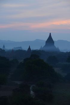 pagodas in bagan at sunset