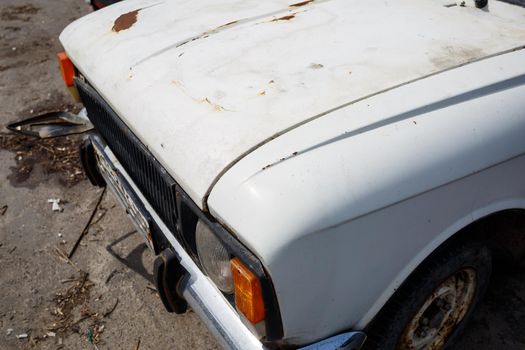 old car, rusty broken body, abandoned parking