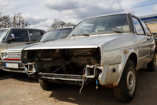 old car, rusty broken body, abandoned parking