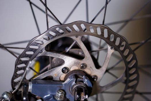 Bicycle disc brake .Rear disc brake on mountain bike . Visit my portfolio to see other photos of bicycle parts