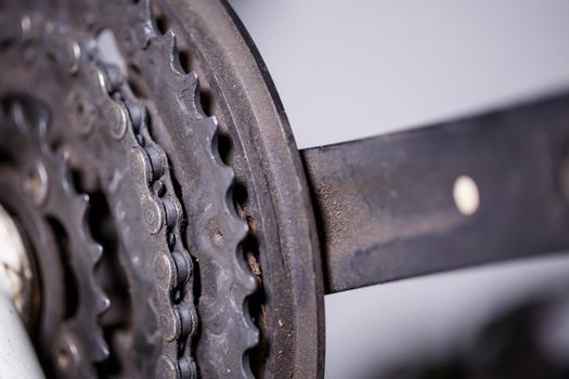 Rear wheel cassette and chain in a mountain bike. Close up detailed view. Bike accessories