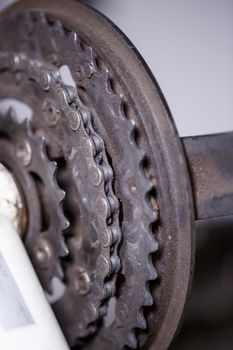 Rear wheel cassette and chain in a mountain bike. Close up detailed view. Bike accessories