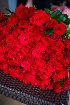 A large bouquet of red roses for a girl, fresh flowers