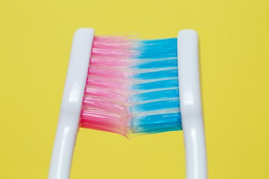 Two toothbrushes pink and blue. Toothbrush concept for a couple, living together as the beginning of a family