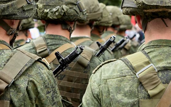 Army parade - a march of soldiers in uniform. Servicemen of the Republic of Belarus in the ranks.