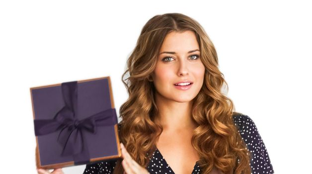 Birthday, Christmas or holiday present, happy woman holding a purple gift or luxury beauty box subscription delivery isolated on white background, portrait