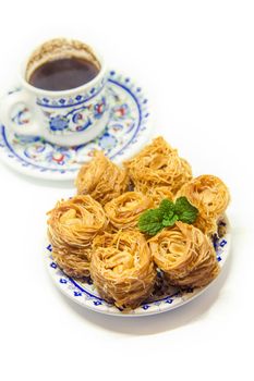 Eastern sweetness, baklava with peanuts and honey. Isolate. Selective focus. Food.