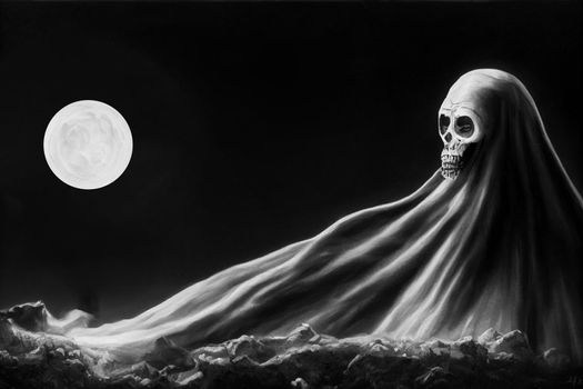 Grim reaper collecting souls at night. Halloween festival concept. Black and white digital art, 3D illustration