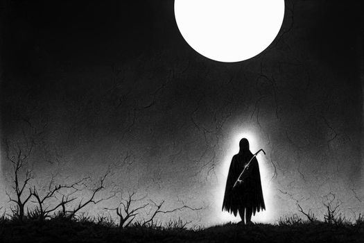 Grim reaper collecting souls at night. Halloween festival concept. Black and white digital art, 3D illustration