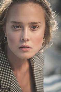 Debonair blonde girl sitting at sandy beach in autumn sunset. Outdoor portrait of pretty curly fashionable girl