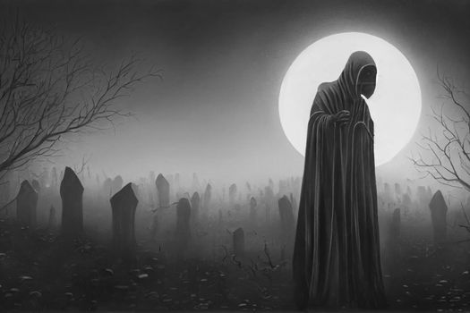 Grim reaper collecting souls at night. Halloween festival concept. Black and white digital art, 3D illustration