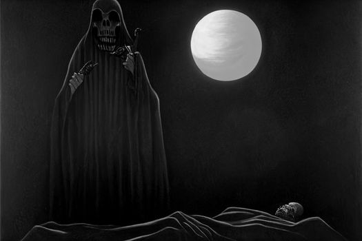 Grim reaper collecting souls at night. Halloween festival concept. Black and white digital art, 3D illustration