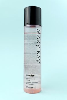 Tyumen, Russia-July 19, 2022: Skin care products from the company Mary Kay, Timewise. Vertical photo