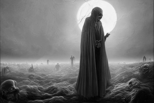 Grim reaper collecting souls at night. Halloween festival concept. Black and white digital art, 3D illustration