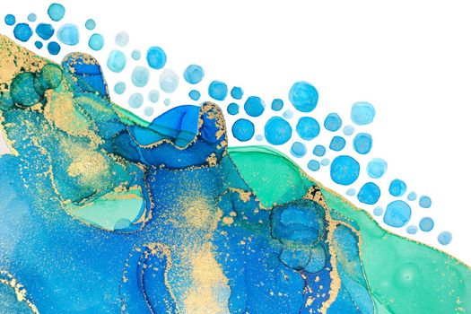Abstract ocean foam print. Watercolor green and blue texture with gold glitter