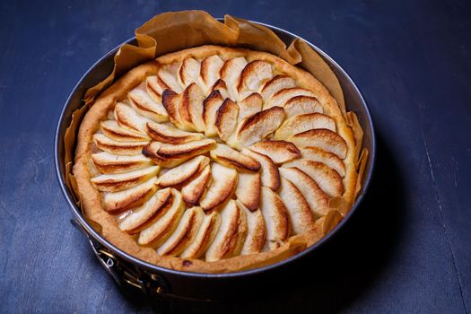 Homemade cinnamon pastry, sweet freshly baked apple tart, traditional French apple pie from the oven, baking dish