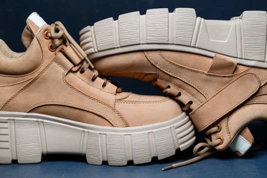 Brown women's leather shoes on a gray background. Fashion trend